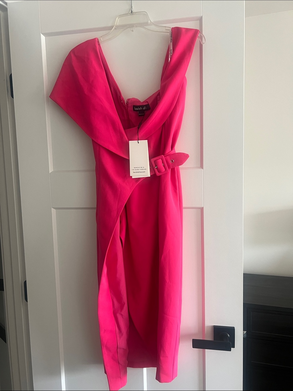 Lavish Alice Hot Pink One-Shoulder Draped Midi Dress with Belt - Picture 6 of 6